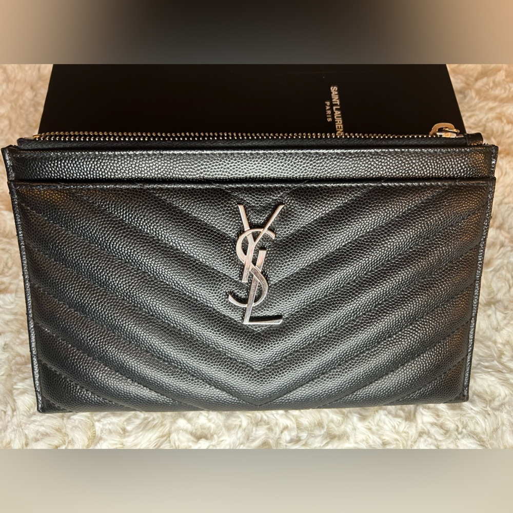 Authentic YSL Saint Laurent Monogrammed Quilted Calfskin Zip Pouch - Picture 9 of 9